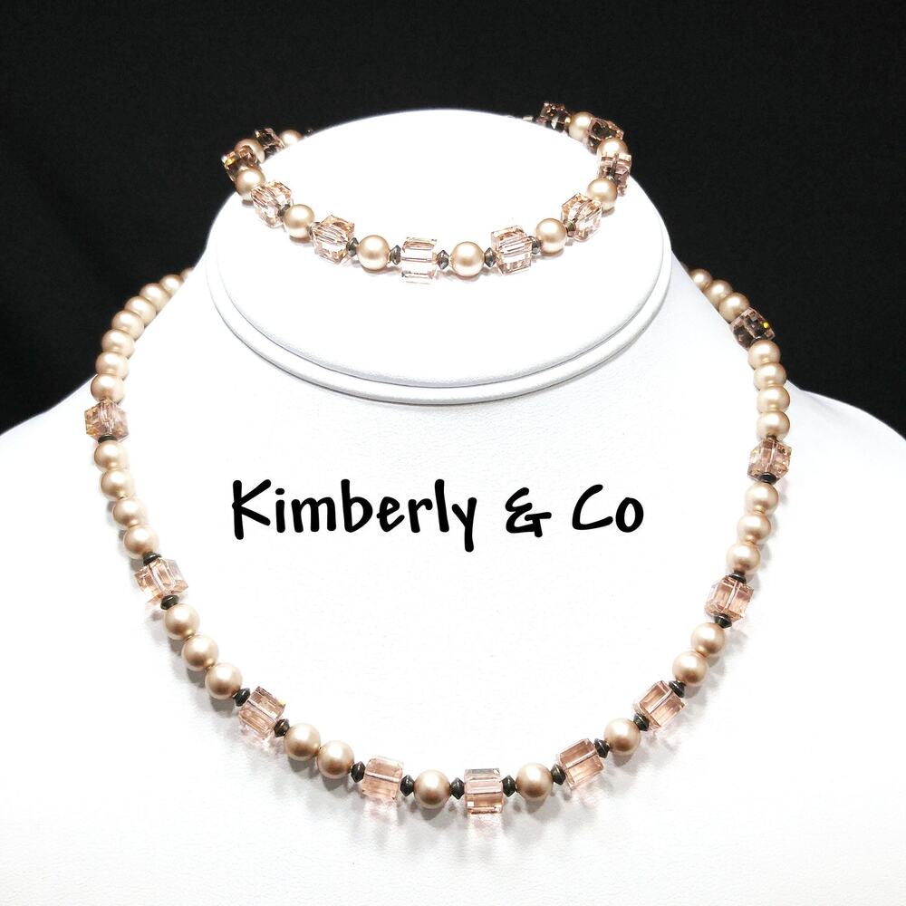 Vintage Pink Beaded Necklace & Bracelet Jewelry Set, Faux Pearls Square Crystals